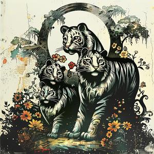 painting  tigers  circle  flowers  chromolithography  vibrant  nature  wildlife  colorful  art 1048906