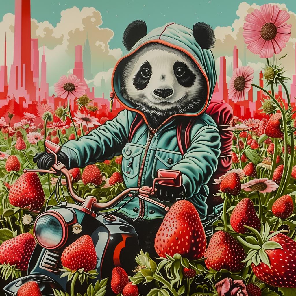 panda  streetwear  moped  strawberry  patch  painting  whimsical  animals  bicycle  cute 1028491