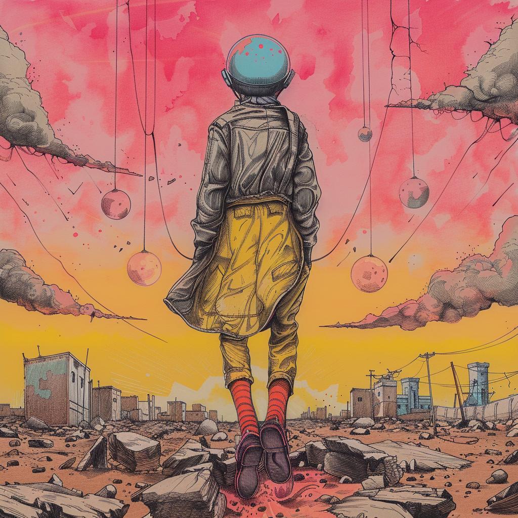 painting  city  red  sky  urban  solitude  walking  atmospheric  narrative  dreamlike 929632
