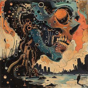 skull  city  background  painting  Jack Kirby  Art Nouveau  Surrealism  pointillism  gold  indigo 1076384