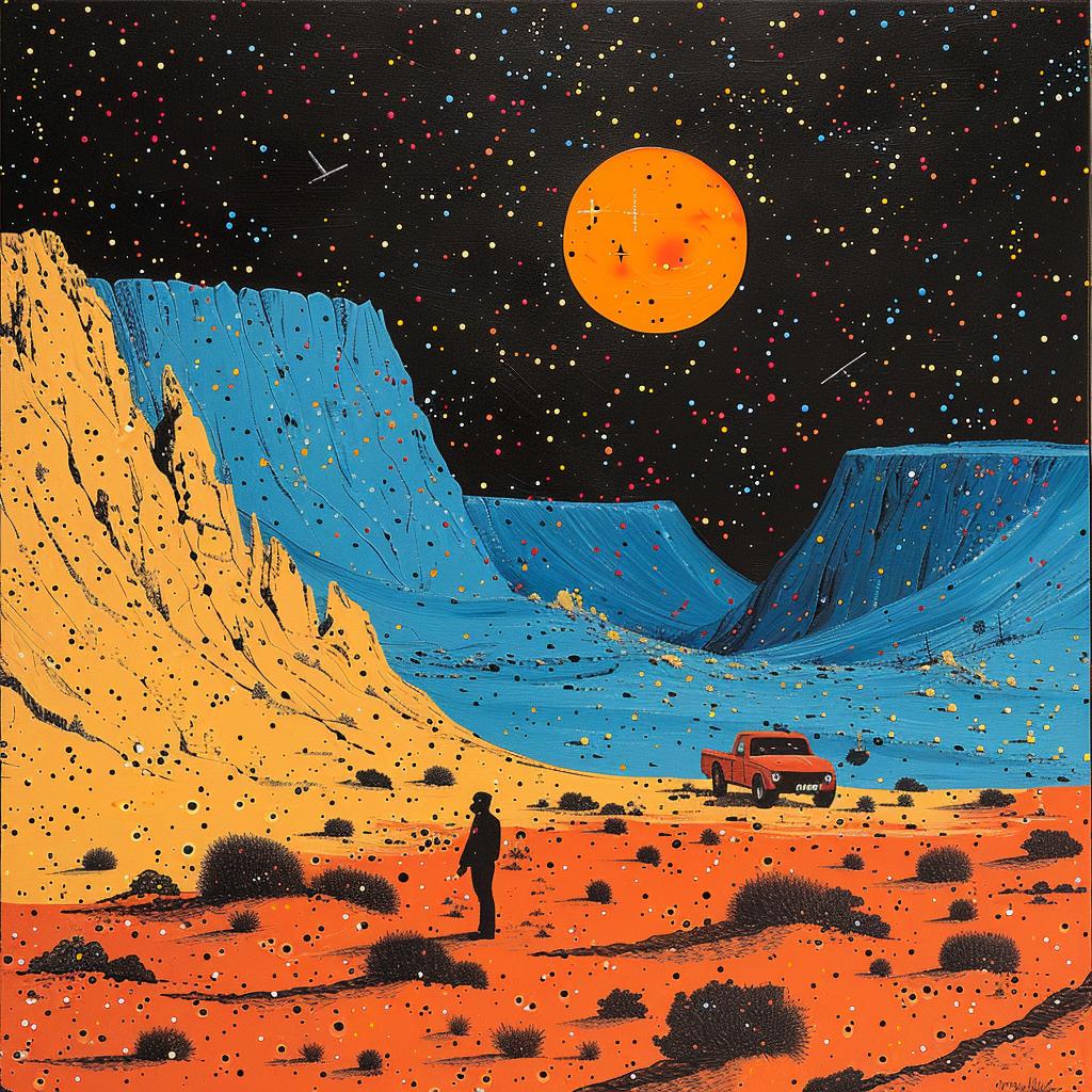 album  art  desert  man  walking  pickup  intricate  painting  blue  orange 963957