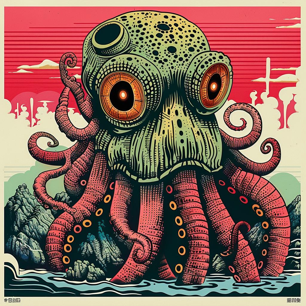 octopus  big  eyes  tentacles  poster  creature  japanese  lettering  chromolithography  art 946221