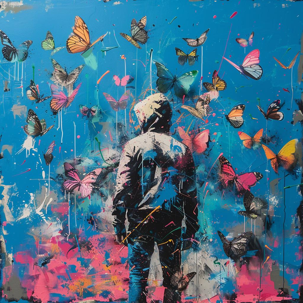 surreal  album  cover  hyper-realistic  screenprinting  Martin  Whatson  encaustic  man  butterflies 960031