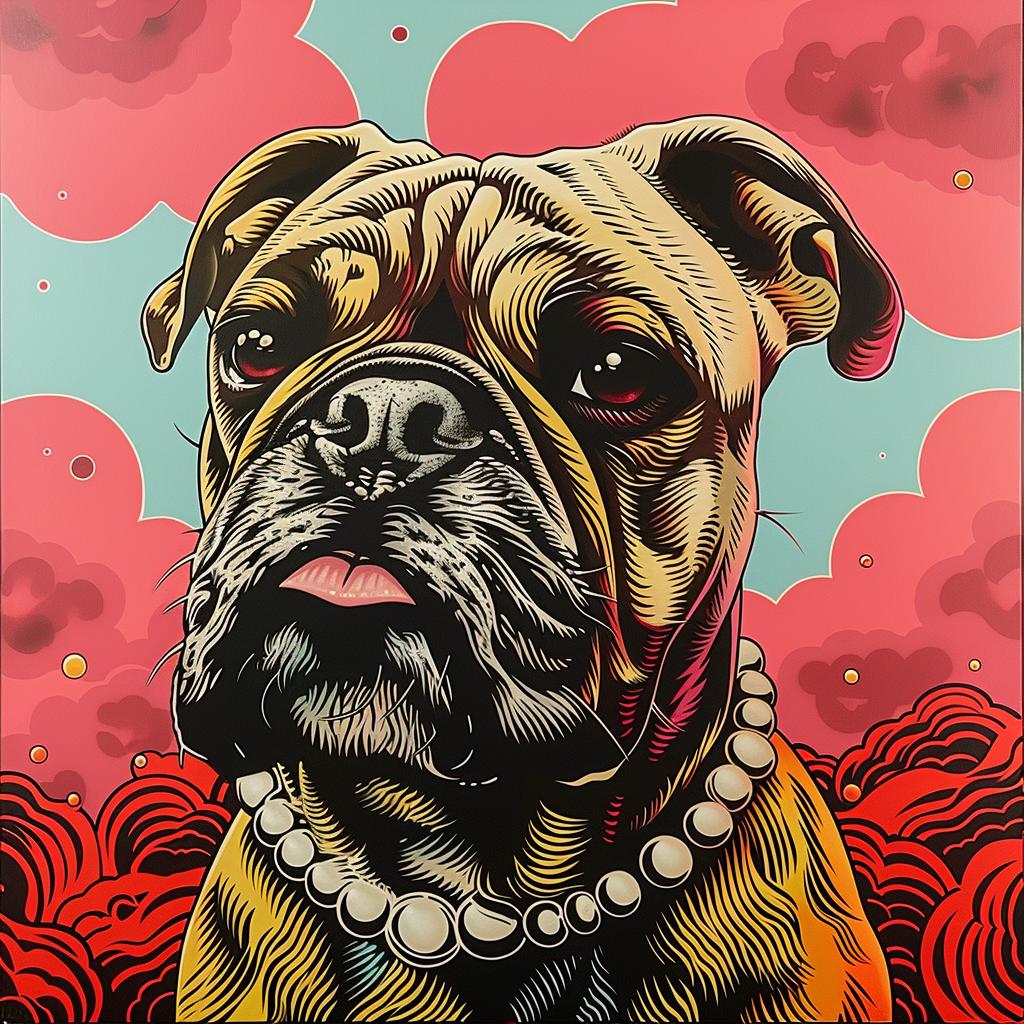bulldog  dog  pearl  necklace  jewelry  pet  portrait  humorous  stylized  colorful 978510