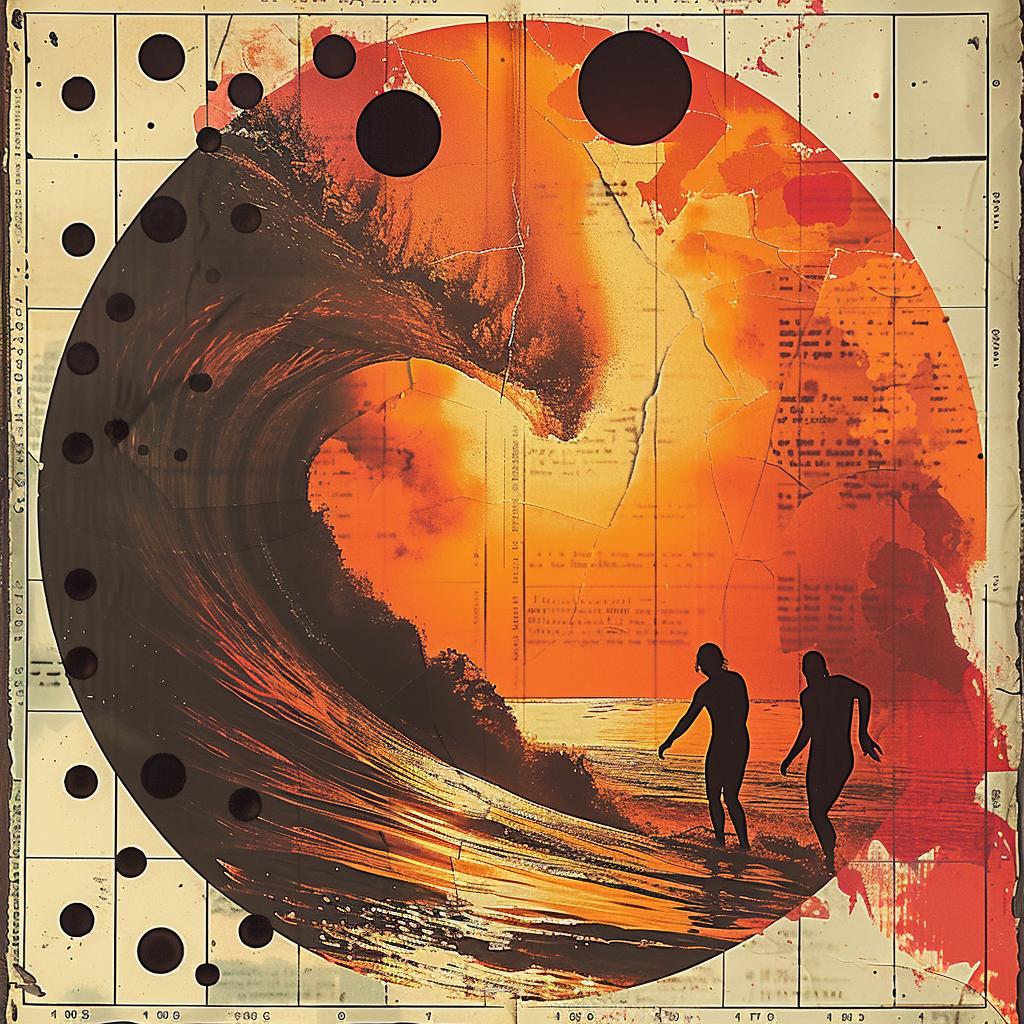 photographic  collage  silhouettes  surfers  beach  vibrant  color  wave  barrel  poster 1034343