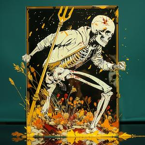 skeleton  trident  dynamic  fantasy  illustration  macabre  character  whimsical  surreal  artwork 1072221