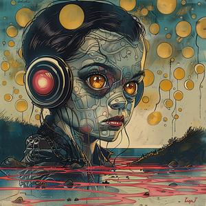 girl  headphones  vintage  comic  art  surrealism  gold  indigo  teal  illustration 1076188