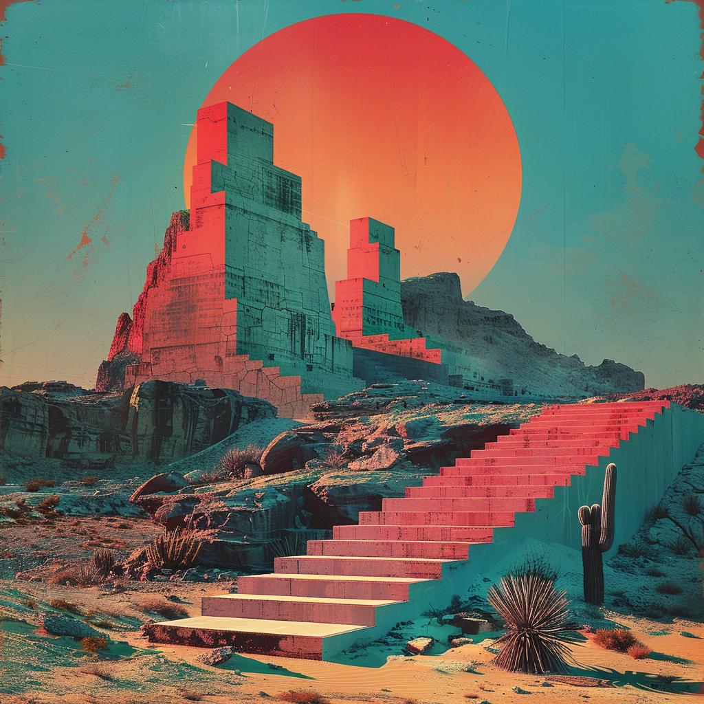 album  cover  1980s  desert  sunset  building  stairs  synthwave  geometric  trippy 960626
