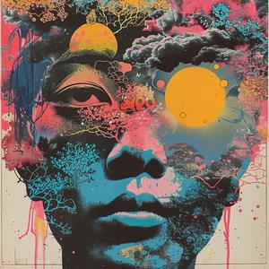 surreal  album  cover  painting  woman  sun  clouds  symbolist  hyper-realistic  screenprinting 1064820