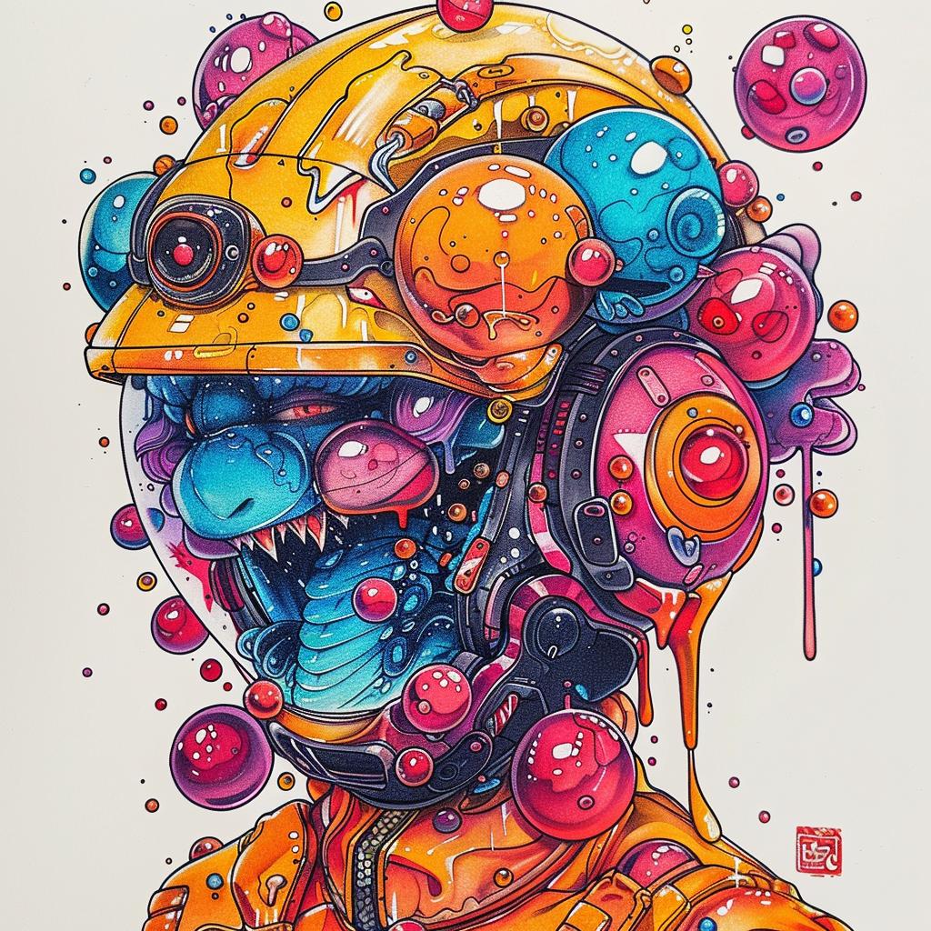 man  helmet  bubbles  drawing  colorful  art  surreal  whimsical  design  creative 941554