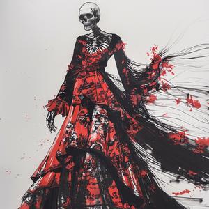 رسم أزياء، هيكل عظمي، حاصد أرواح، منصة عرض أزياء، فستان أحمر، رسم توضيحي بقلم تلوين 1071903