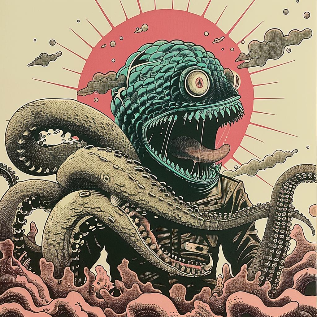 creature  octopus  tentacles  face  japanese  lettering  surreal  illustration  colorful  unique 946242