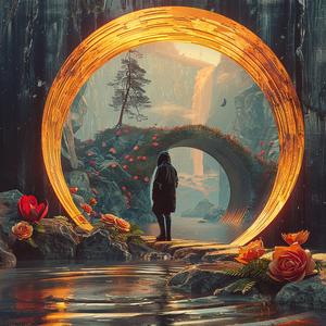 man  circular  door  flowers  chromolithography  mystical  entrance  whimsical  surreal  art 1039999