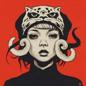 surreal  album  cover  woman  hat  cat  head  Risograph  Symbolist  hyper-realistic 1077612
