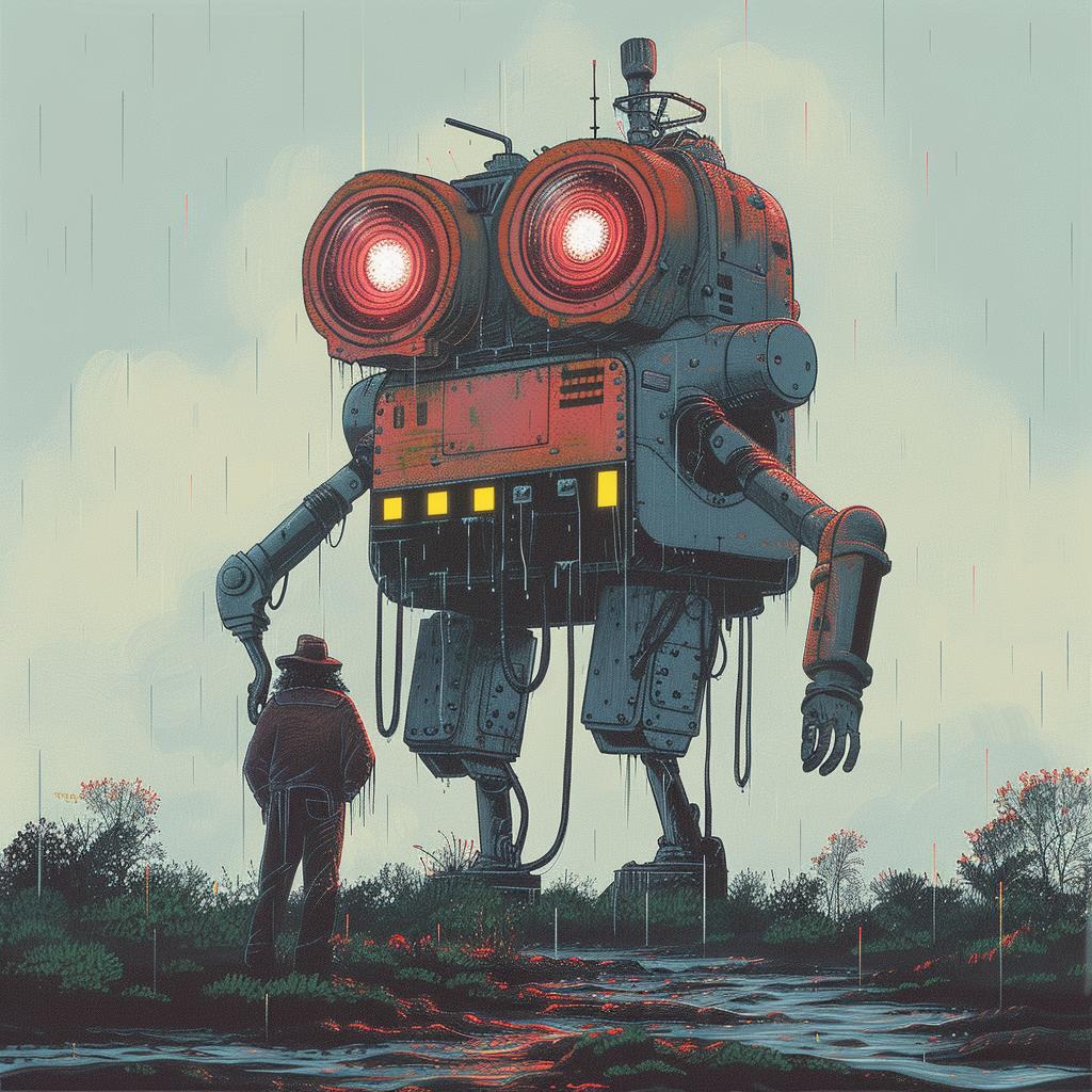 robot  rain  red  eyes  standing  simon  stalenhag  painting  sci-fi  dark 1015336