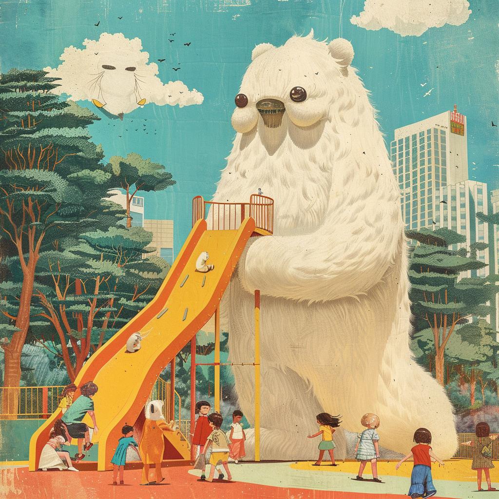 album  art  bear  slide  park  humor  mid-century  colorful  furry  illustration 964098
