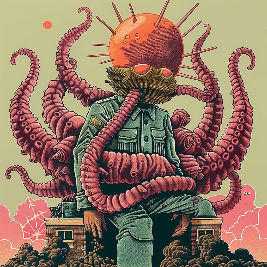 poster  illustration  octopus  man  japanese  lettering  surreal  art  quirky  weird 946522