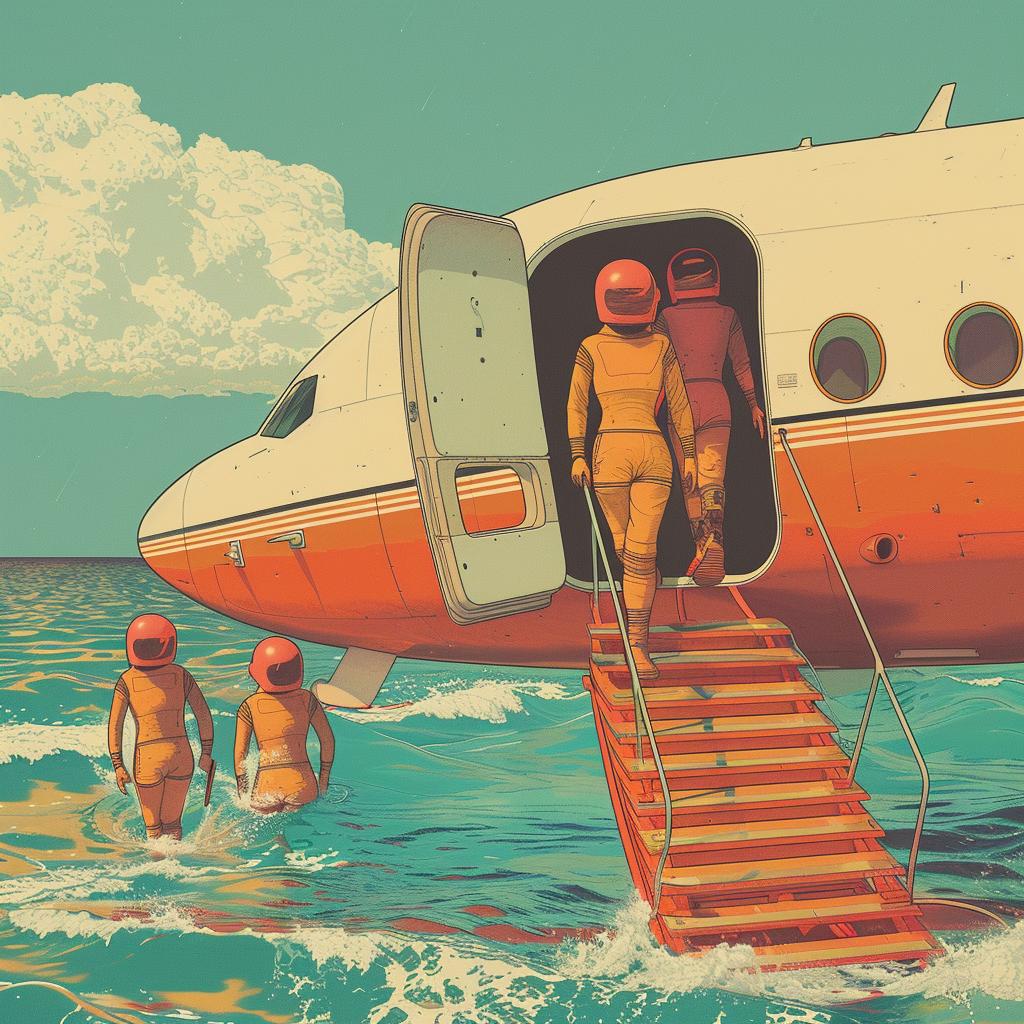 surreal  album  cover  cyborg  passengers  plane  ocean  crash  Joan  Cornella 978331