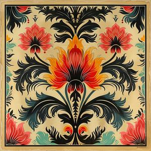 colorful  floral  pattern  gold  background  bold  dynamic  artnouveau  linocut  leaves 1078913