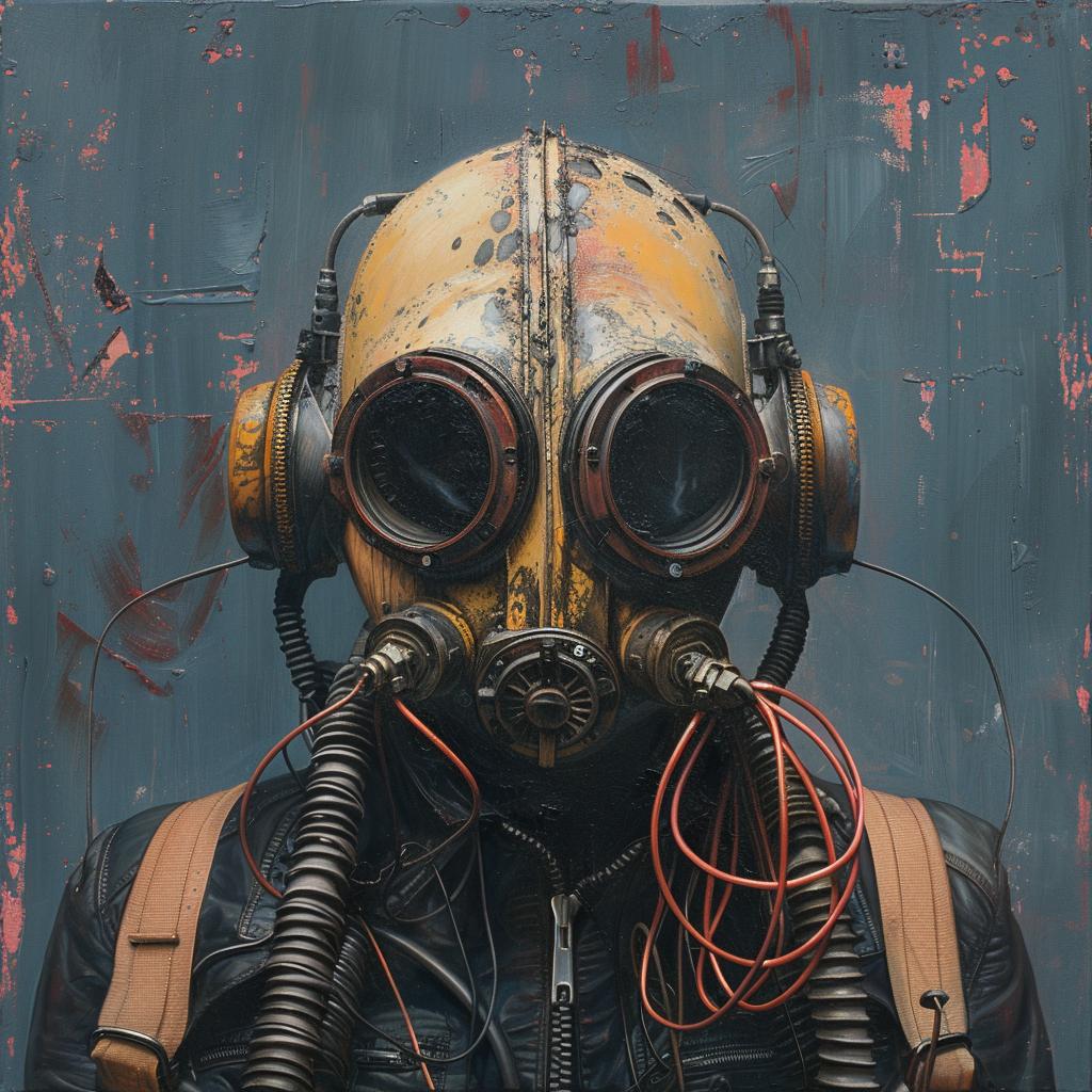 surreal  album  cover  hyper-realistic  screenprinting  gasmask  futuristic  encaustic  Chesley  Bonestell 959943