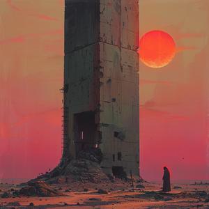 sundown  mars  tower  man  redsun  brutalist  Moebius  sci-fi  landscape  ruins 1079871