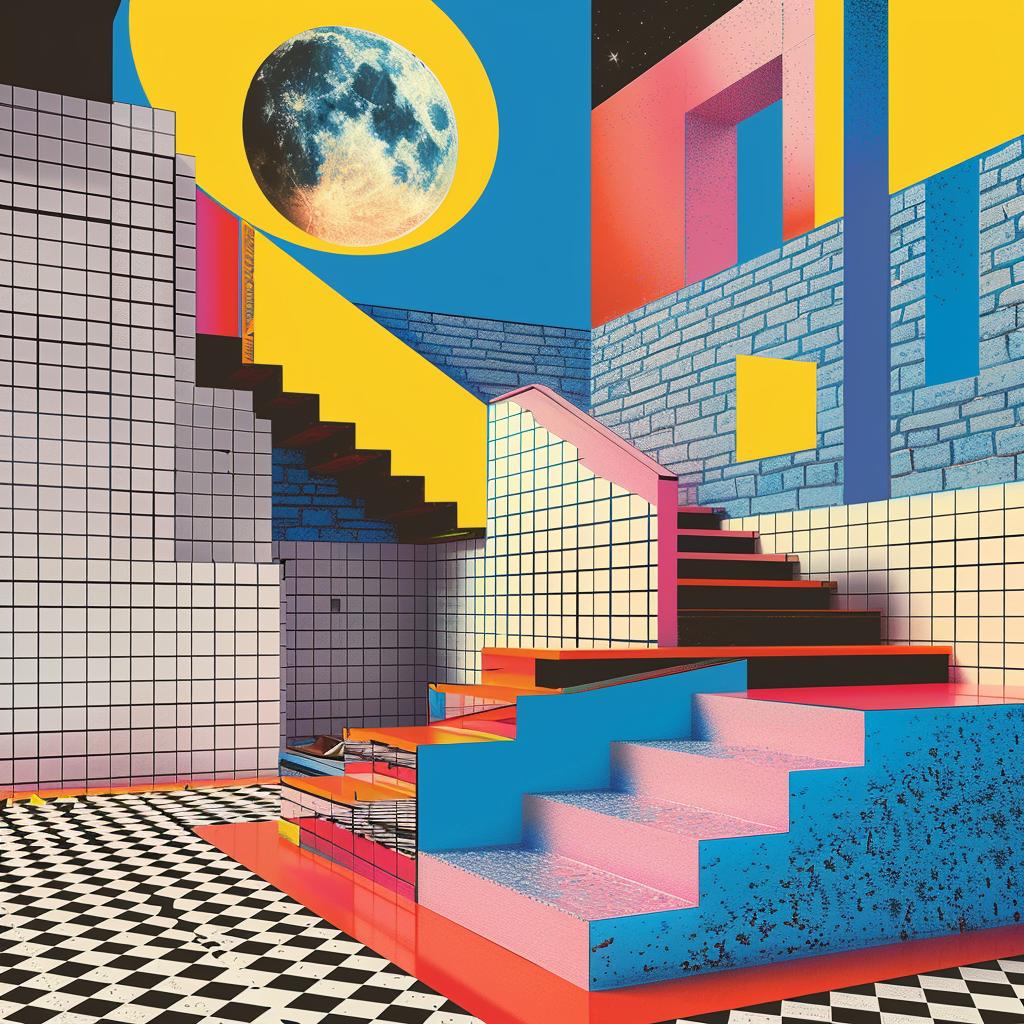 surreal  stairway  moon  sky  colorful  hyper-realistic  screenprinting  Nathalie  Du  Pasquier 960460