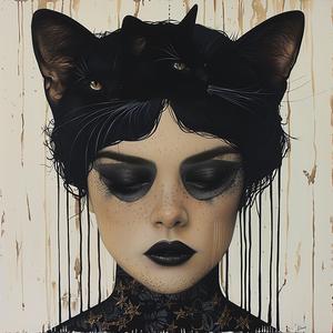 woman  cats  head  painting  whimsical  colorful  illustration  fantasy  playful  character 1073664
