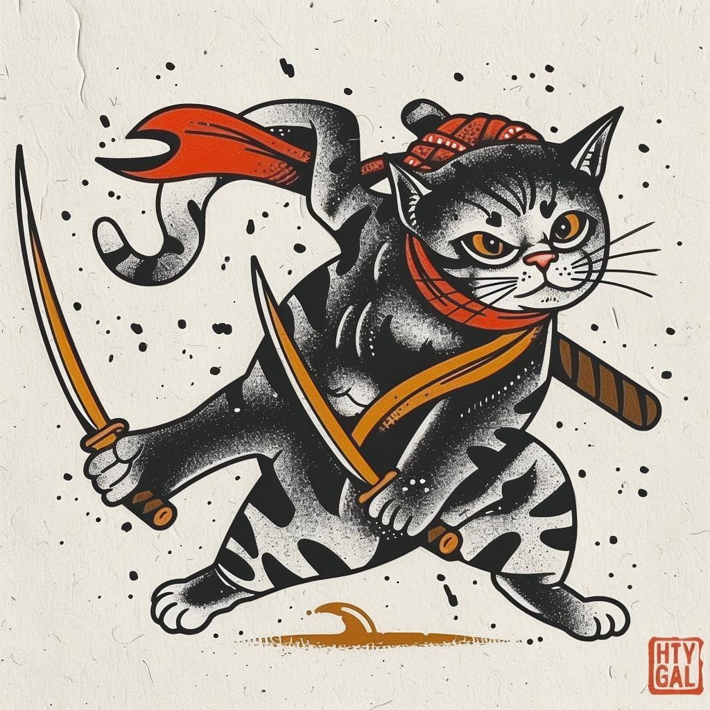 tattoo  cat  ninja  anthropomorphic  bold  garden  samurai  fullbody  detailed  design 928019