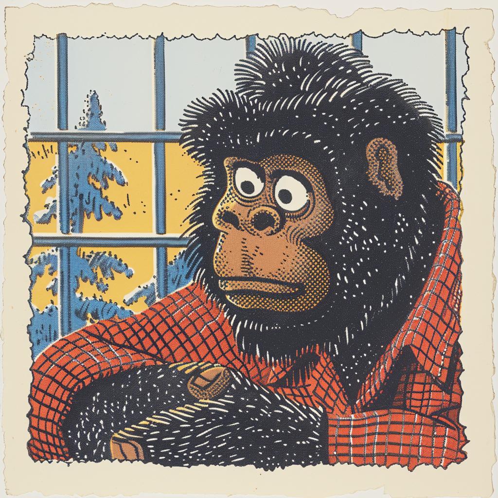Sasquatch  jail  convict  cartoon  monkey  plaid  shirt  window  raw  humor 962643