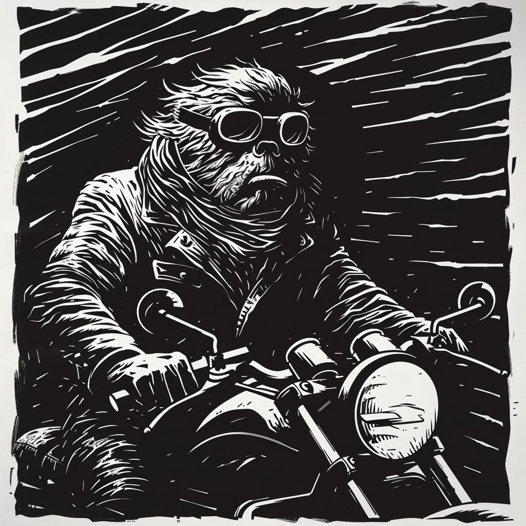 bigfoot  scarf  goggles  motorcycle  black  white  drawing  stylized  anthropomorphic  humorous 1026038