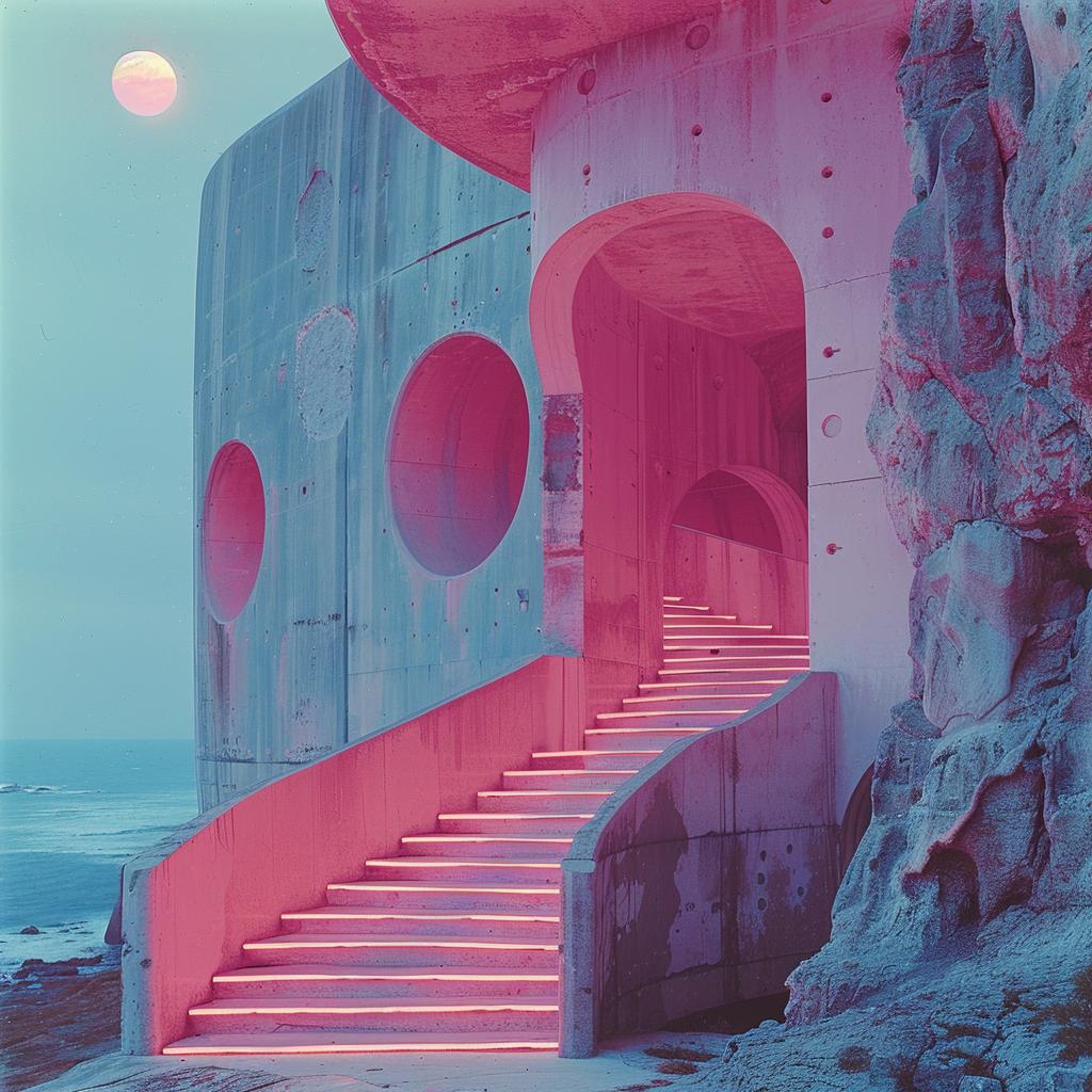 pink  building  ocean  stairs  surreal  lighting  double  exposure  natural  colors 1030795