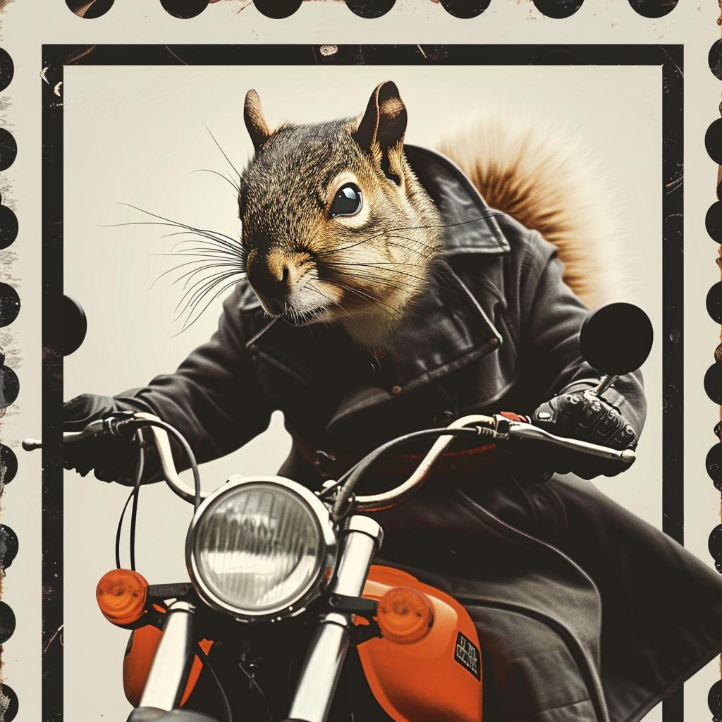 squirrel  motorcycle  trenchcoat  humorous  fantasy  animal  whimsical  adventure  creative  playful 1021443