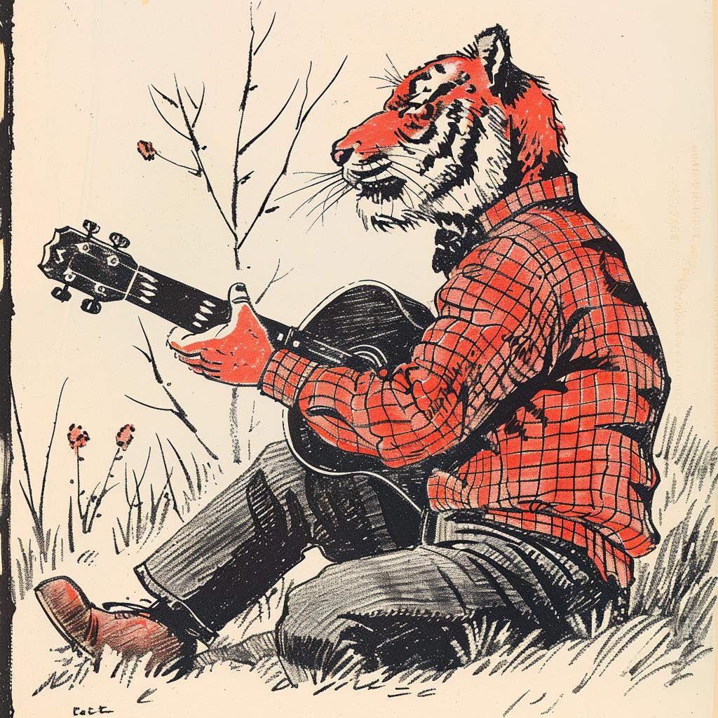 tiger  guitar  acoustic  Norman  Rockwell  plaid  shirt  music  animal  artwork 922523