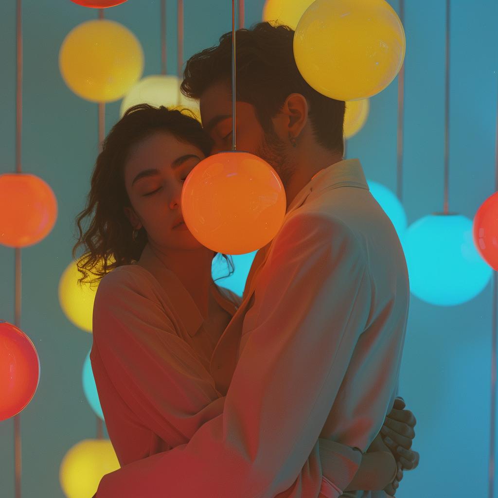 غلاف ألبوم سريالي لزوجين نيون يحتضنان كرات ملونة وفن حيوي 976363