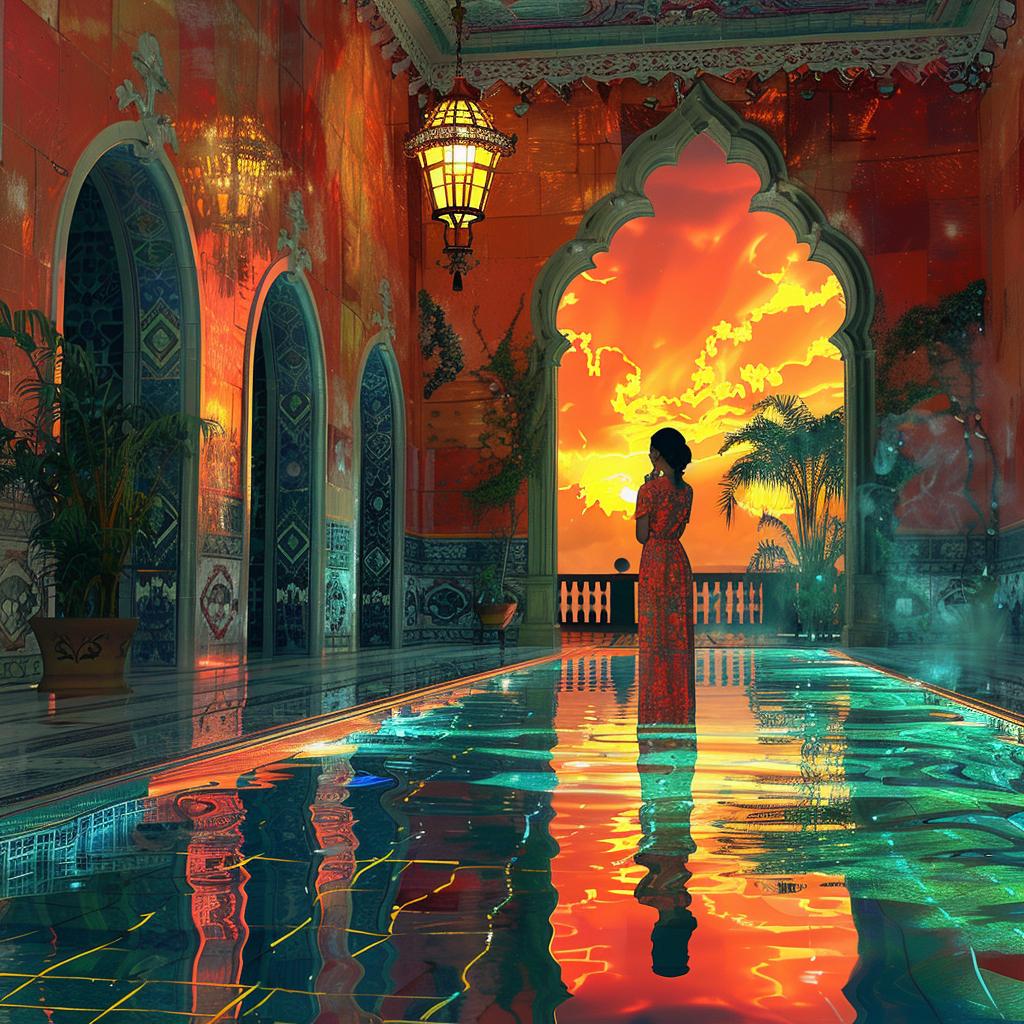 creative  surreal  album  cover  azulejo  technicolor  lighting  woman  pool  sunset 974916
