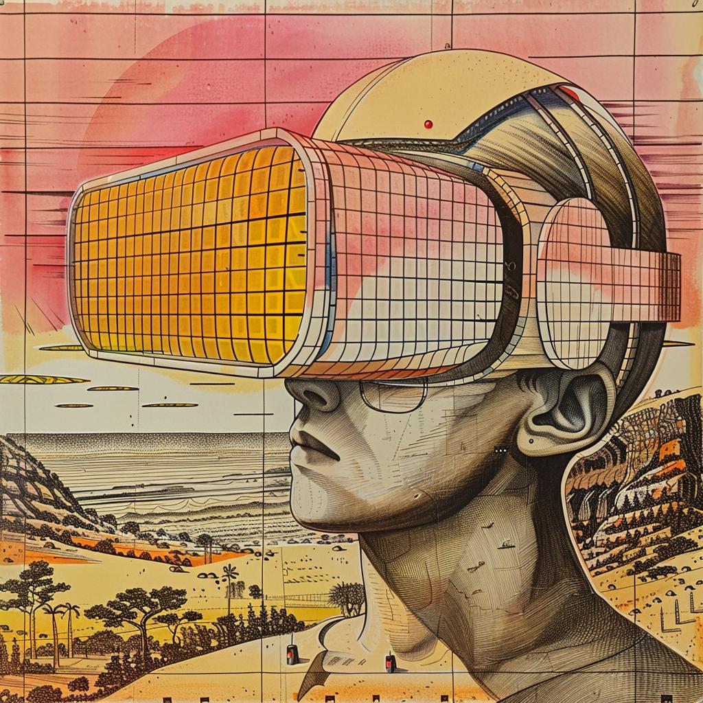 رجل يرسم سماعة الواقع الافتراضي، غلاف ألبوم Vaporwave، فن الثمانينيات 1035651