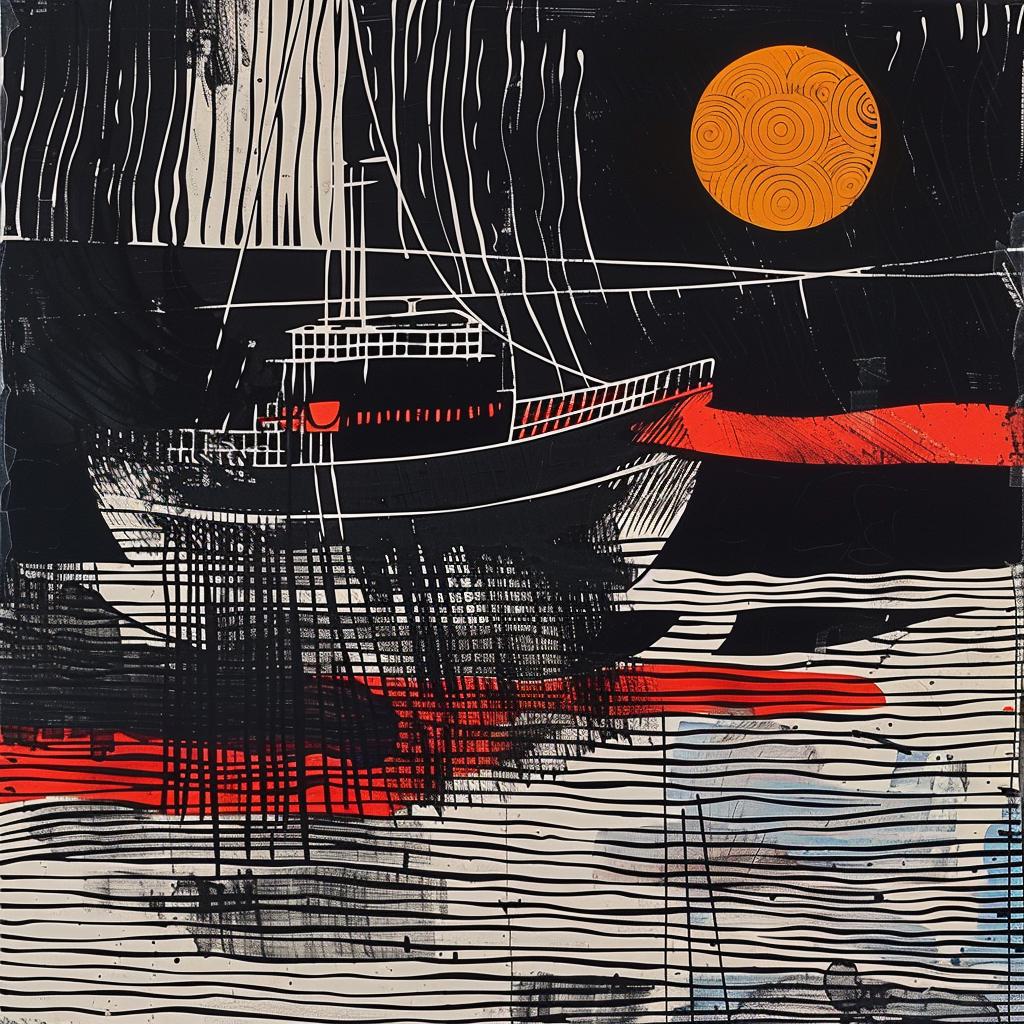 fishing  ship  stormy  ocean  moon  painting  collage  juxtaposition  wavy  lines 936588