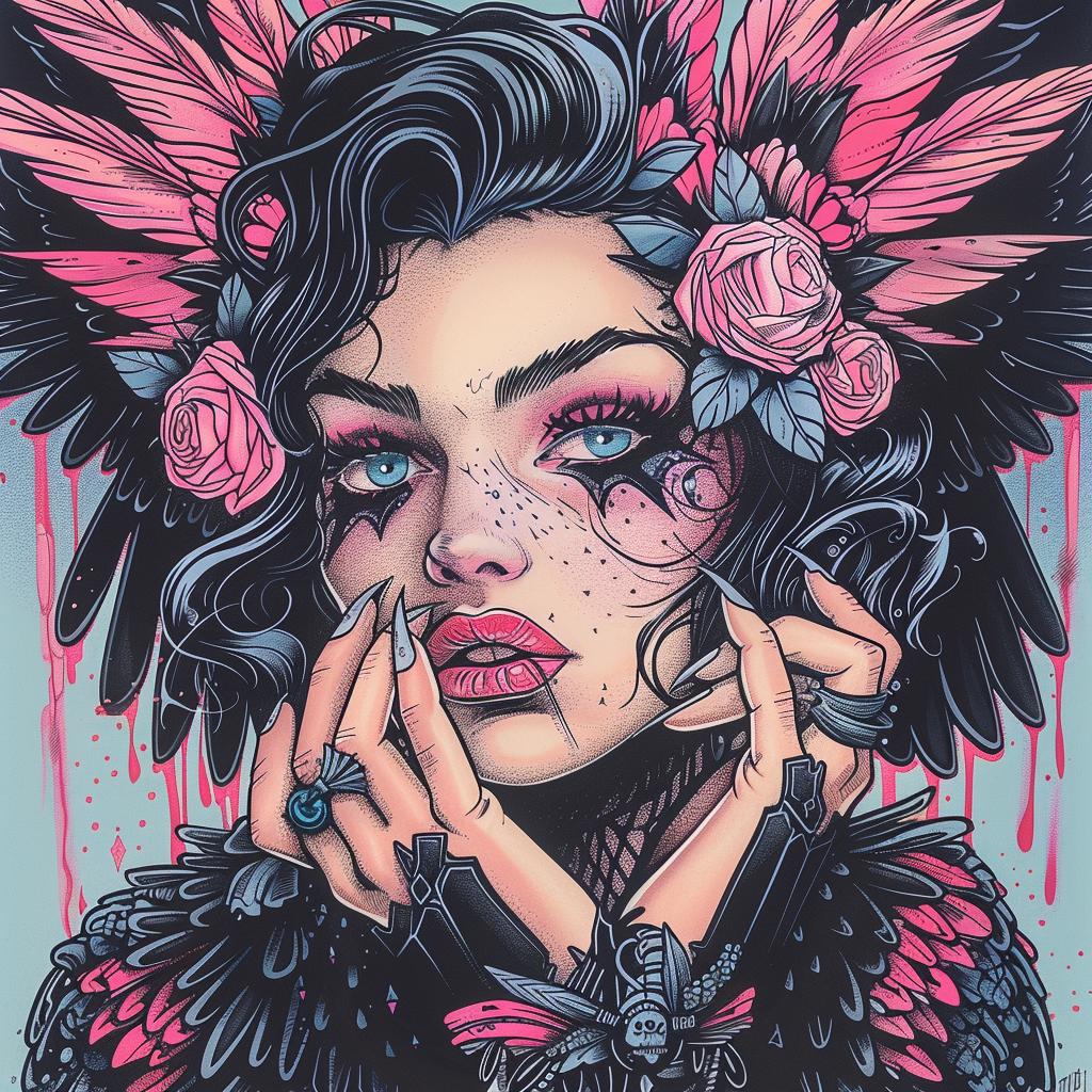 woman  wings  flowers  black  pink  illustration  style  dark  spiritual  design 925342