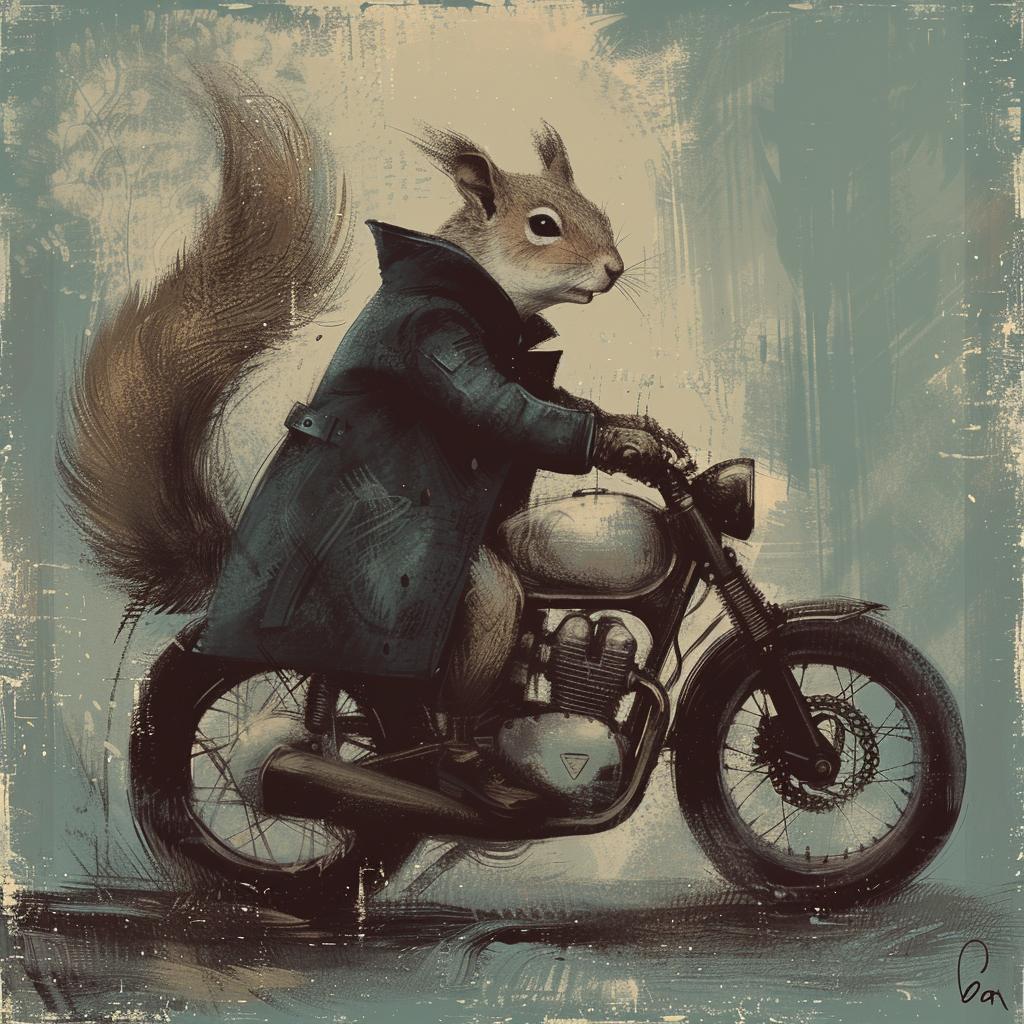 squirrel  trenchcoat  motorcycle  stylized  humorous  animal  whimsical  transport  fictional  playful 1021601