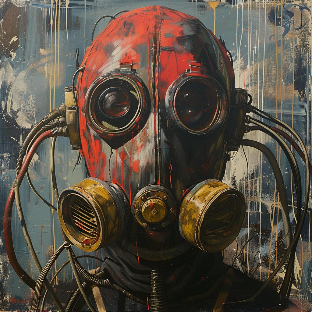 surreal  album  cover  hyper-realistic  screenprinting  gasmask  futuristic  encaustic  Kenojuak  art 959951