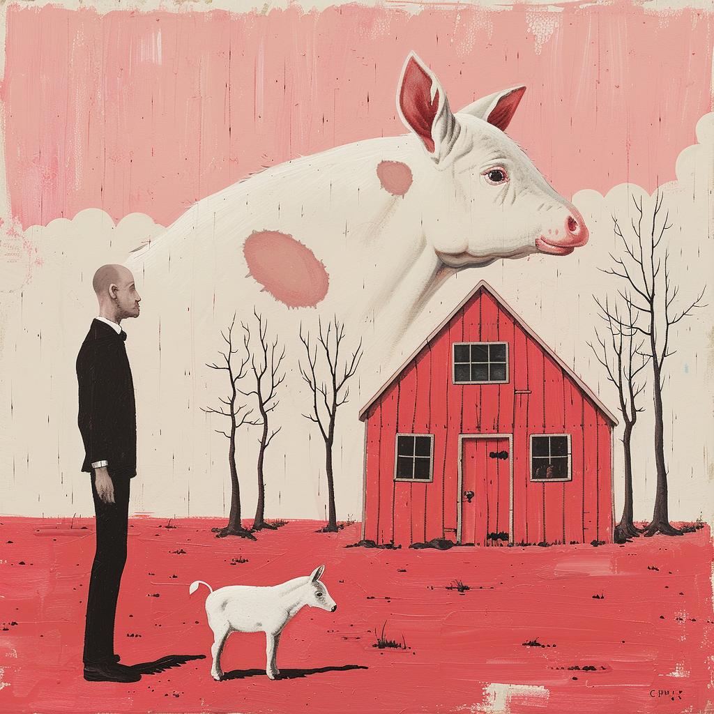 surreal  album  cover  Animal  Farm  painting  man  cow  barn  Joan 1017521