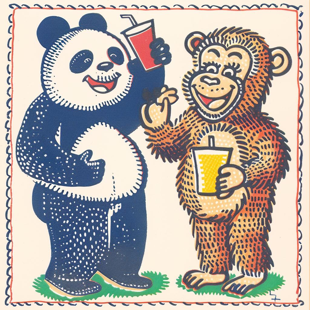 panda  chimp  partying  cartoon  humor  fun  drink  animals  whimsical  illustration 962489