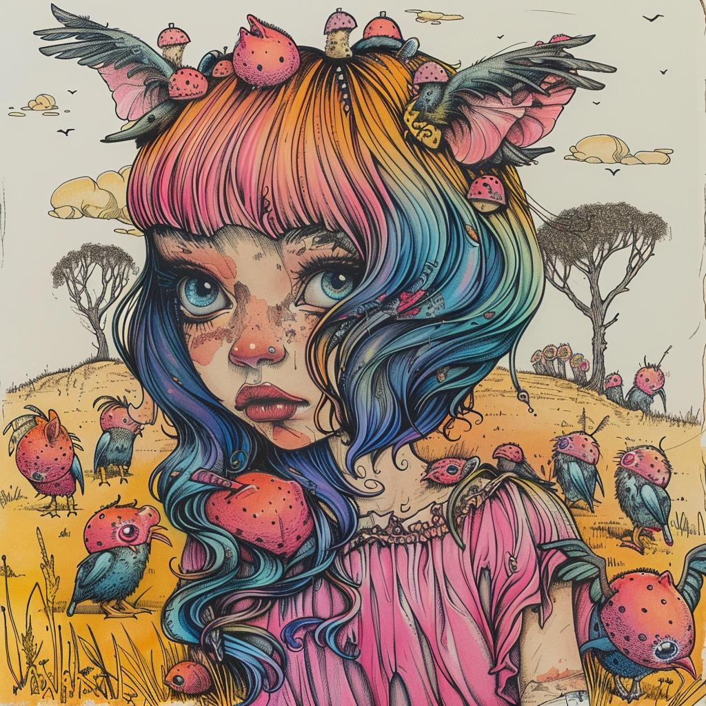 girl  colorful  hair  birds  background  dark  occult  naturalistic  spiritual  fantasy 924736