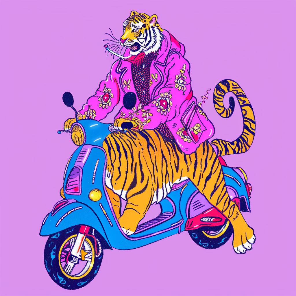 tiger  scooter  purple  background  playful  cartoon  animal  adventure  illustration  whimsical 1021848