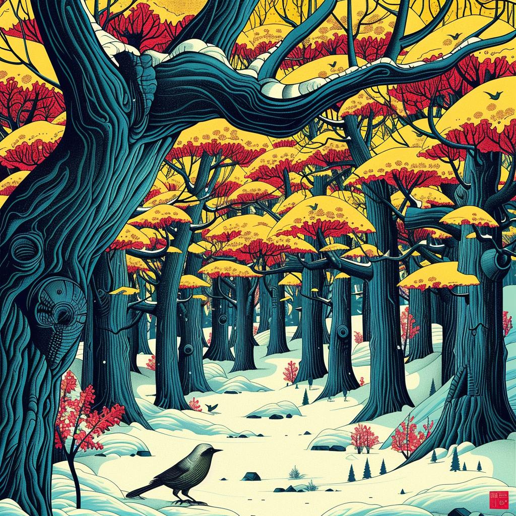 forest  winter  animated  vibrant  illustration  folk  sinuous  colorful  nature  snow 945111