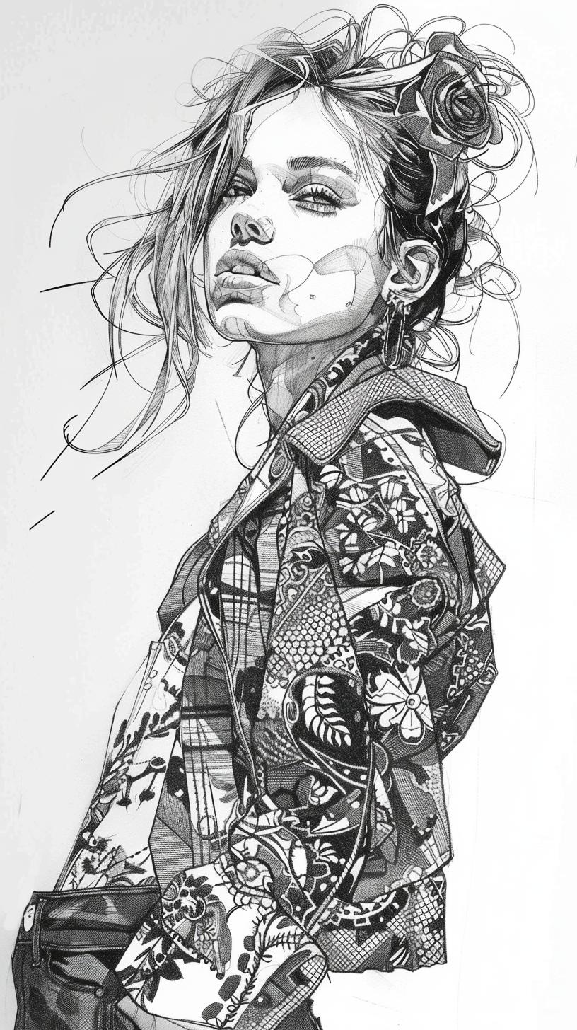 woman  illustration  floral  jacket  Scandinavian  fashion  pen  ink  dynamic  modern 953545