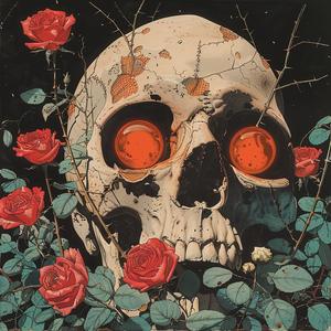 skull  orange  eyes  roses  background  comic  thorns  style  Mike Allred  Todd McFarlane 1077333