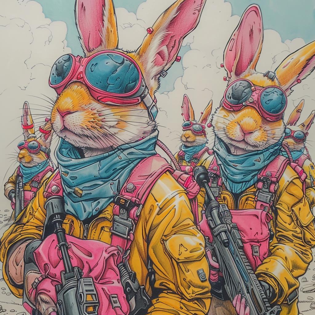 rabbits  military  gear  Moebius  illustration  battle  whimsical  art  fantasy  design 923385