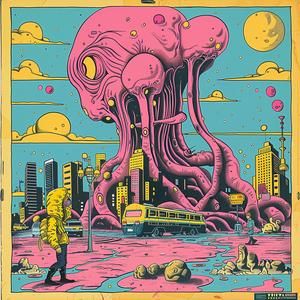 surreal  giantoctopus  albumcover  Risograph  symbolist  hyperrealistic  screenprinting  vibrant  underwater  colorful 1080019