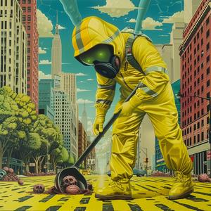 chromolithography  hazmat  worker  yellow  suit  gasmask  surreal  urban  dark  disturbing 1039731